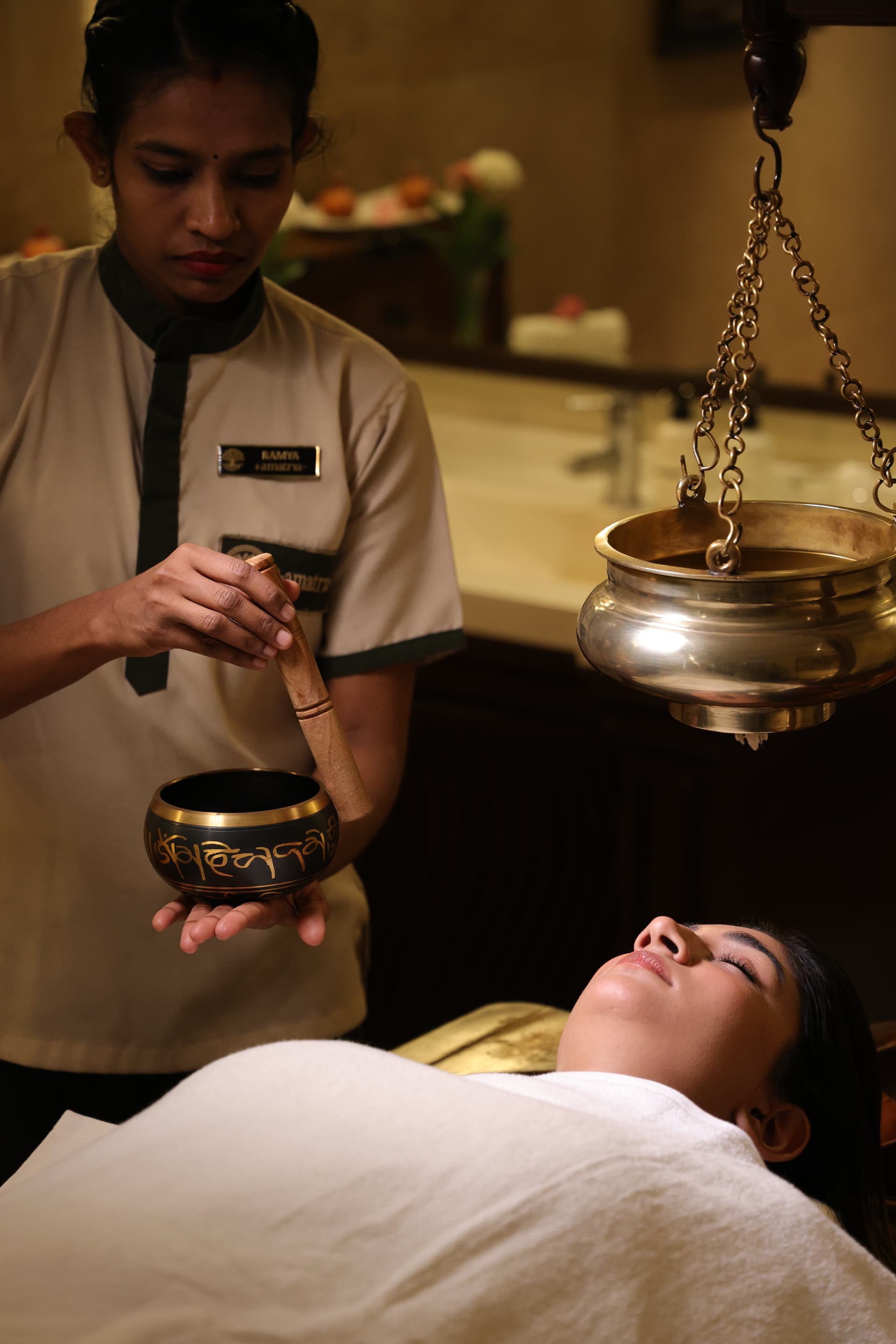 Ayurvedic Shirodhara treatment room at Amatrra Wellness